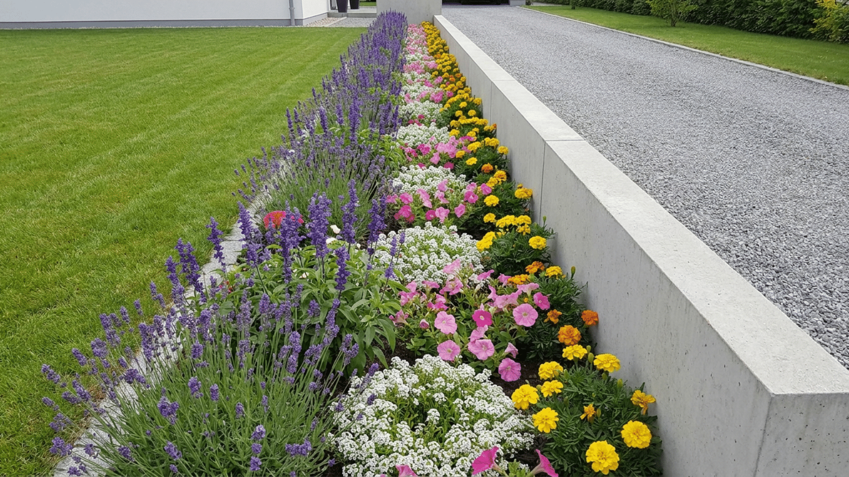 Flower garden ideas showing a straight uniform border strip of single-color flowering plants running along a residential driveway edge or fence line.