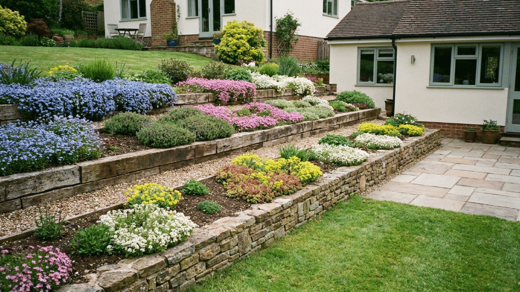 Flower garden ideas showing a sloped garden cut into horizontal terraced shelves with low flowering plants on each level and small retaining edges.