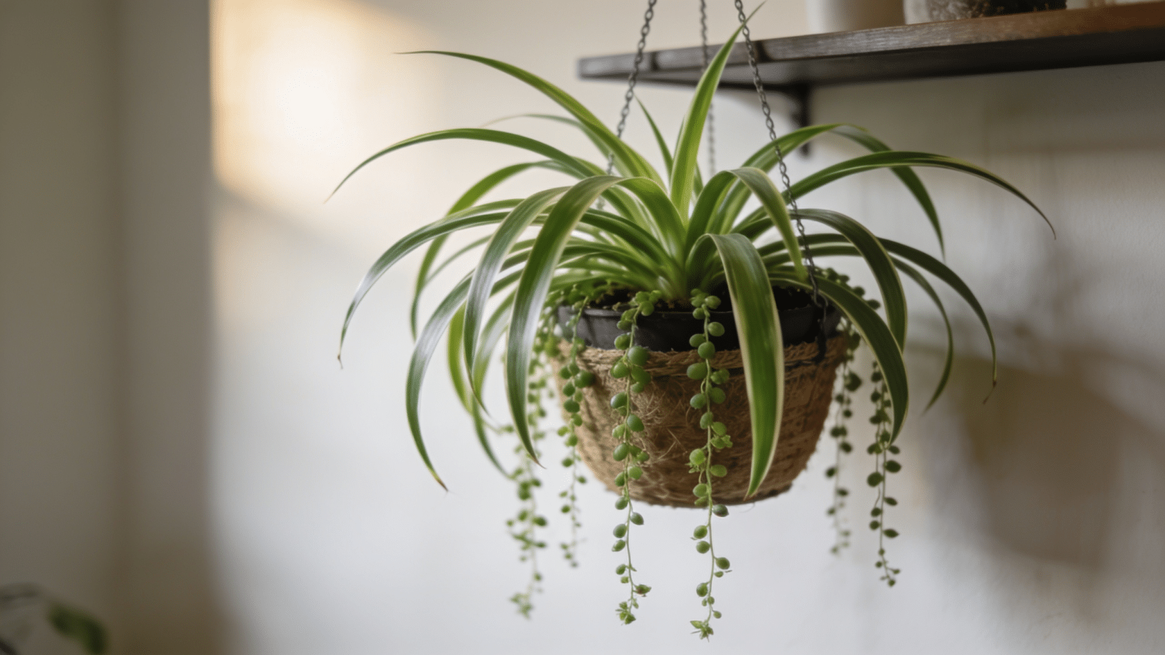 Spider plant, an easy common house plants option, with arching leaves and dangling plantlets