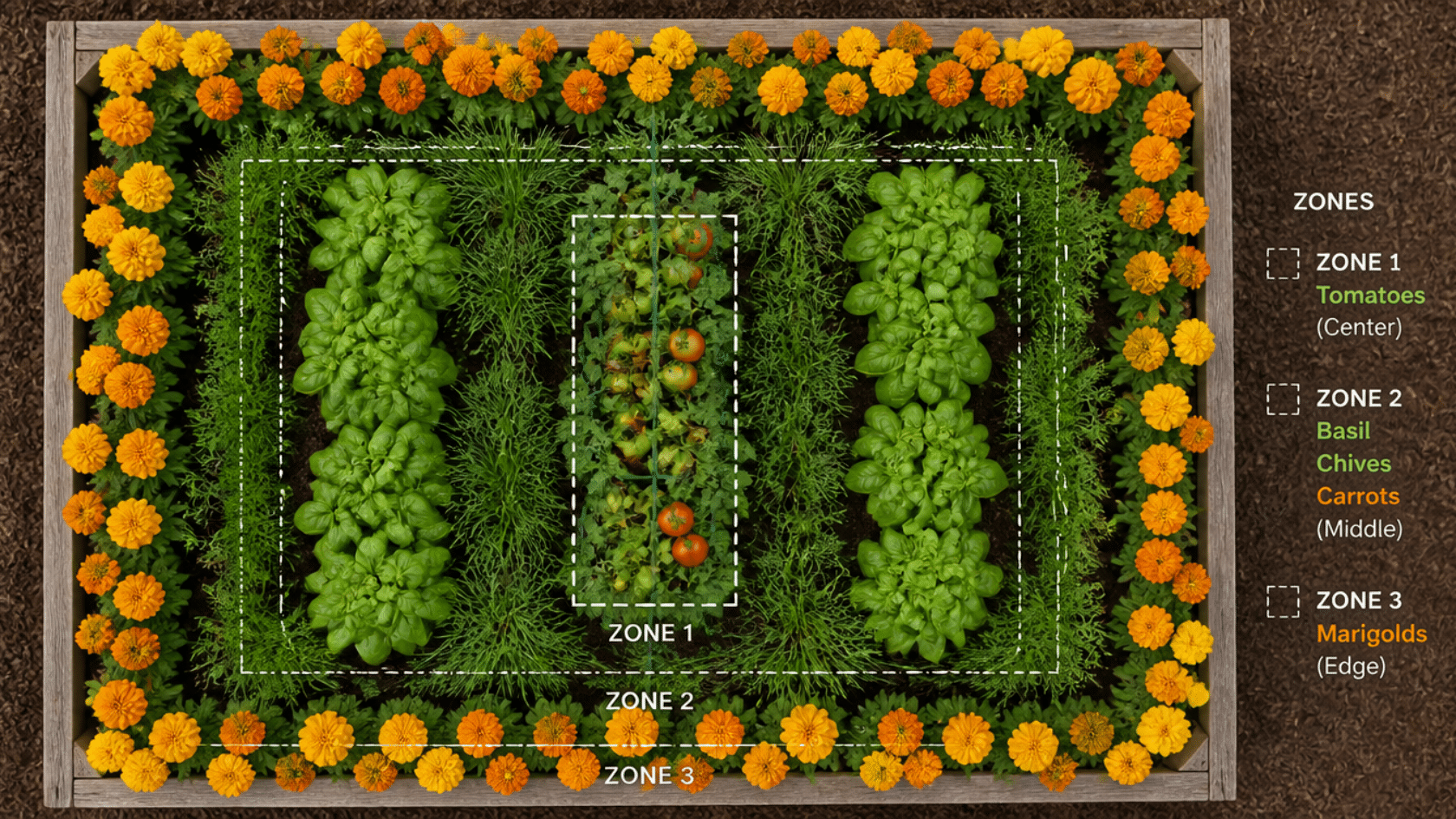 Raised bed showing tomato companion plants layout with tomatoes in the center, basil, chives, carrots in the middle, and marigolds on the edges.