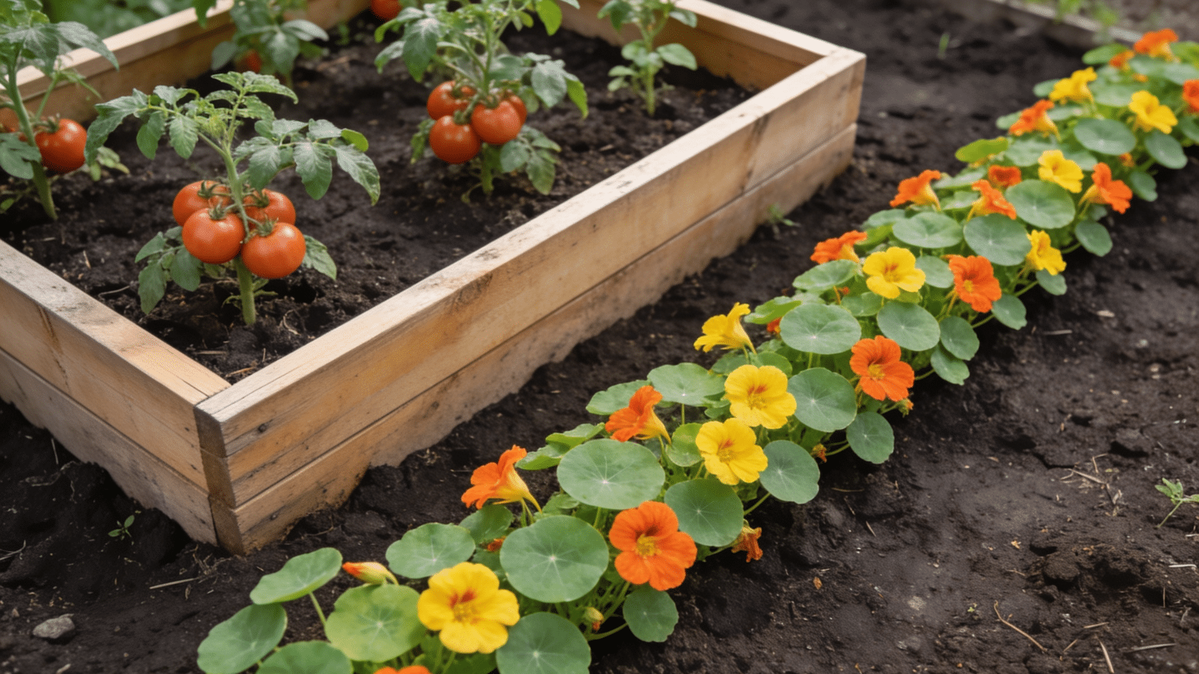 Raised bed showing tomato companion plants in full layout with tomatoes, nasturtiums, and marigolds arranged for optimal growth.