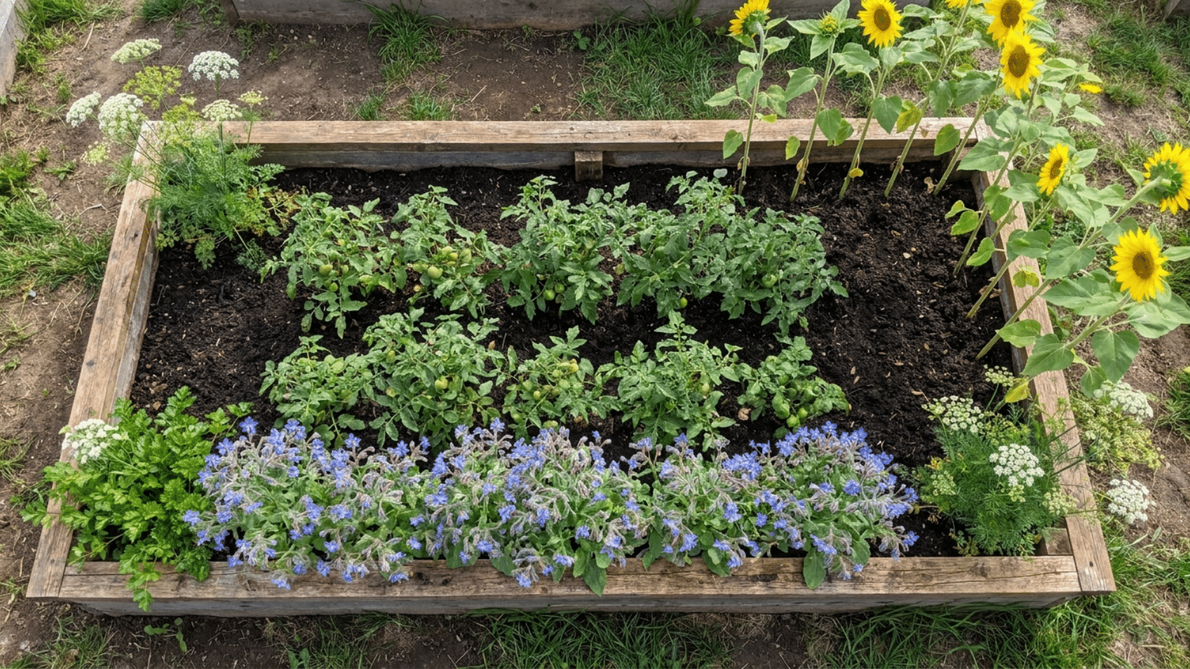 Raised bed showing tomato companion plants with tomatoes in the center, surrounded by borage, parsley, and sunflowers for optimal growth