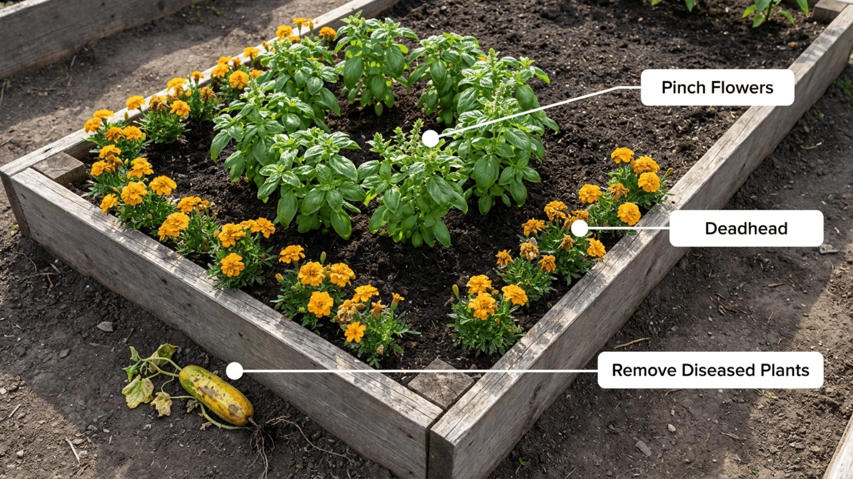 Raised bed showing tomato companion plants with basil, marigolds, and healthy tomatoes, highlighting plant care tips