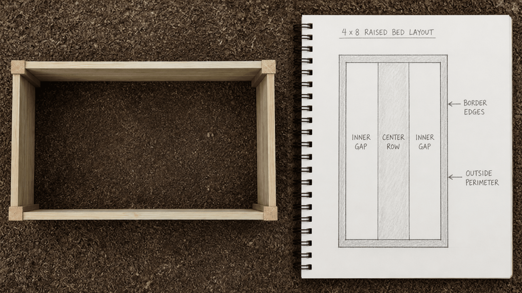 4x8 raised bed layout diagram for tomato companion plants showing center row, inner gaps, and border edges.