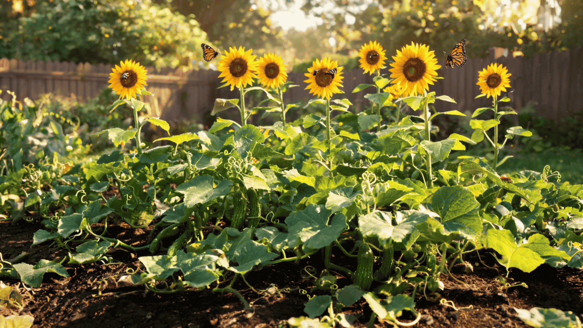 sunflower plants above cucumber vines in garden bed with bees and butterflies and wooden fence in background