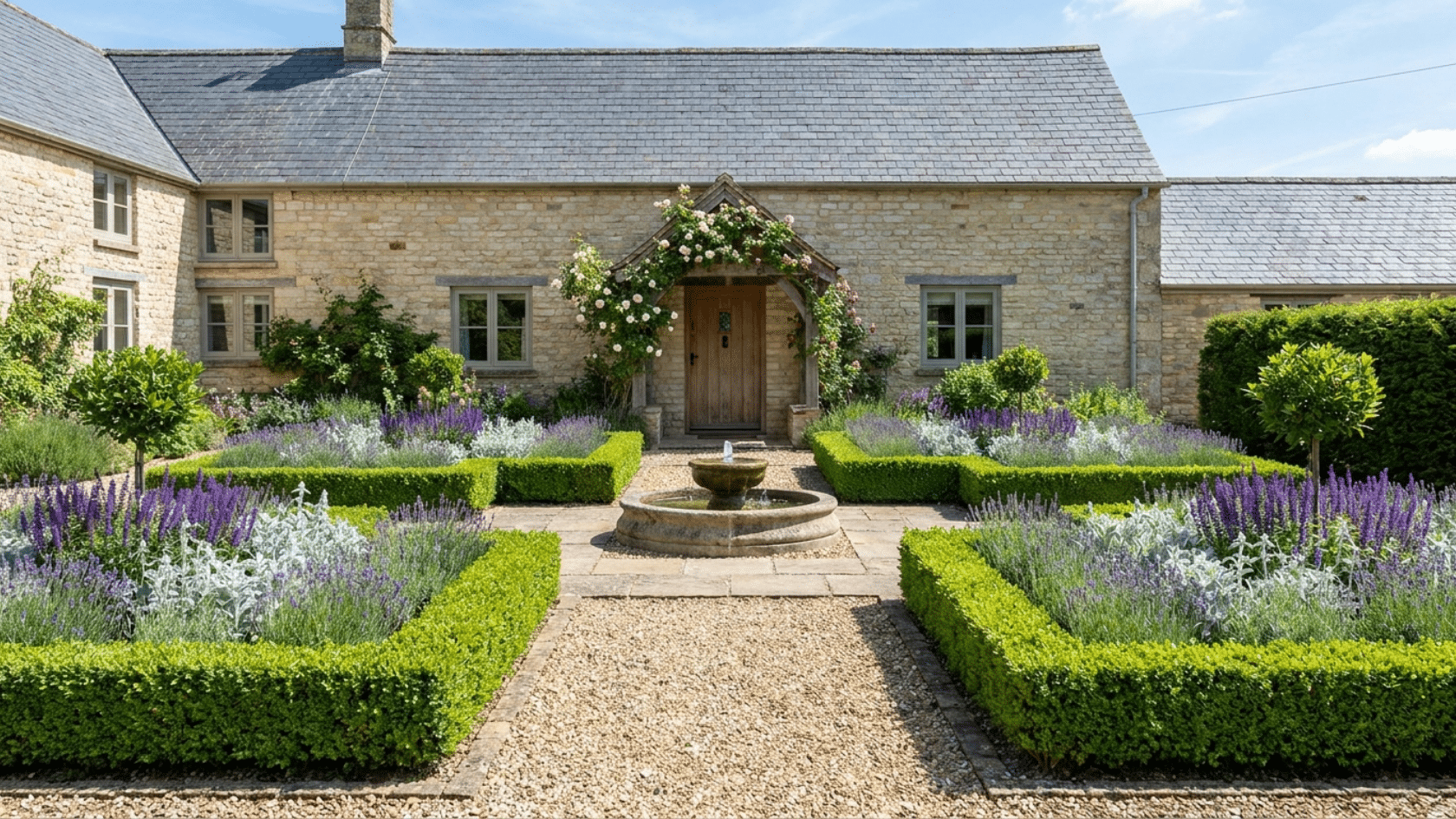 Flower garden ideas showing a formal symmetrical front garden with mirrored beds, clipped boxwood hedges, and a central fountain visible from the street.