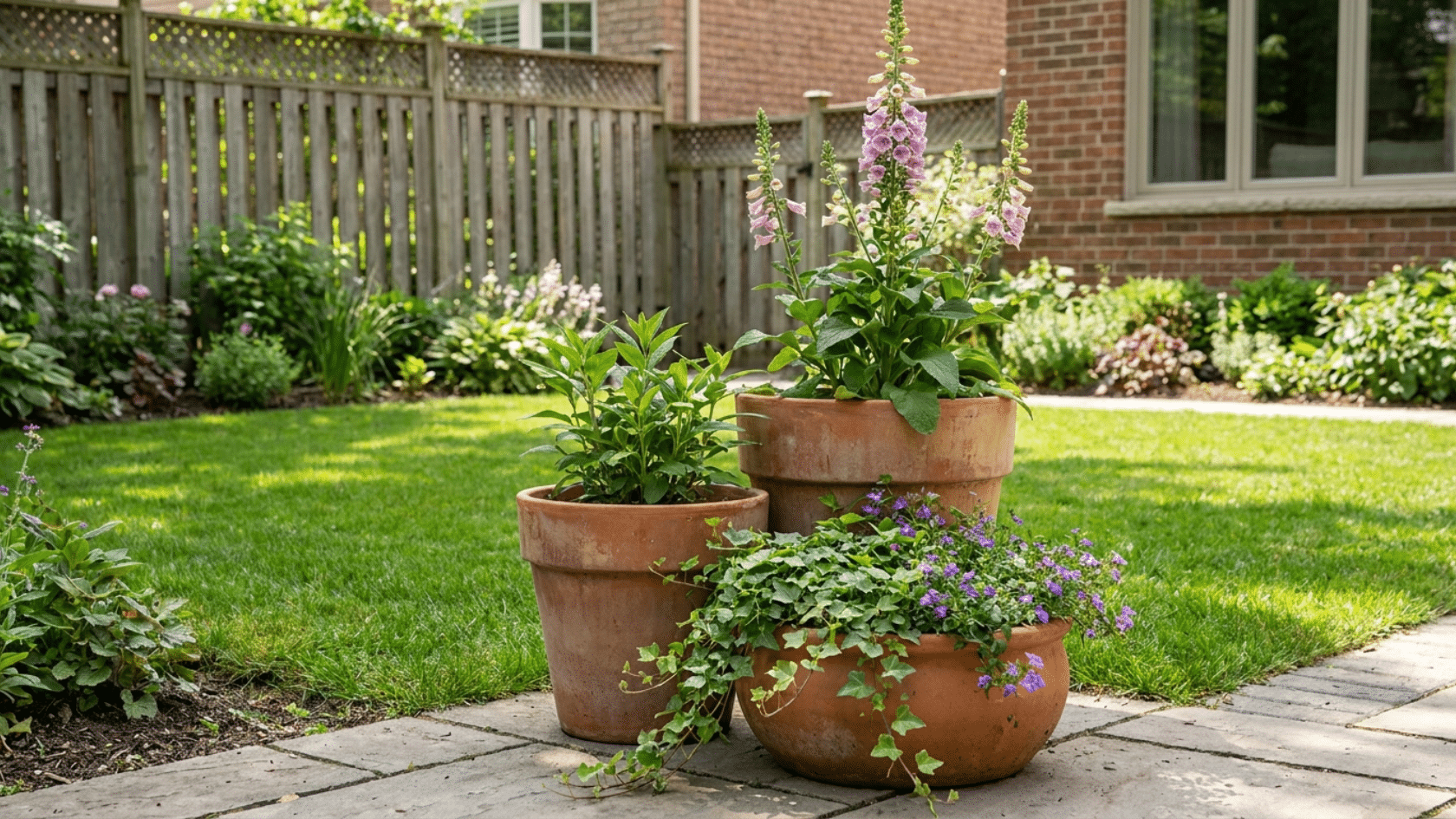 Flower garden ideas showing three terracotta pots grouped at different heights in a residential garden with the surrounding garden beds and lawn visible.
