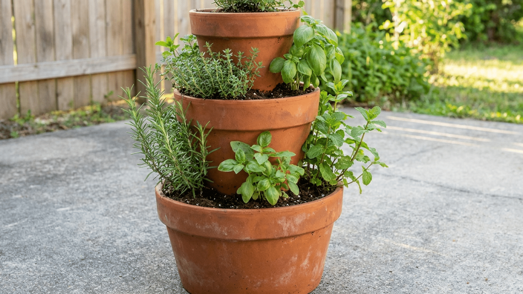 Container gardening with stacked terracotta pots in descending sizes, with herbs growing from each tier on a patio surface