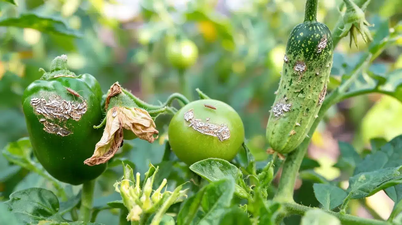 thrips and feeding scars on developing vegetable crops