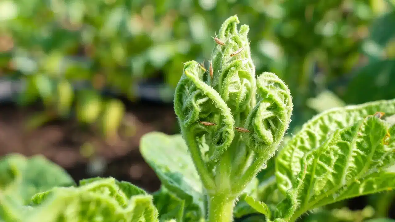 thrips feeding on curled tender plant growth