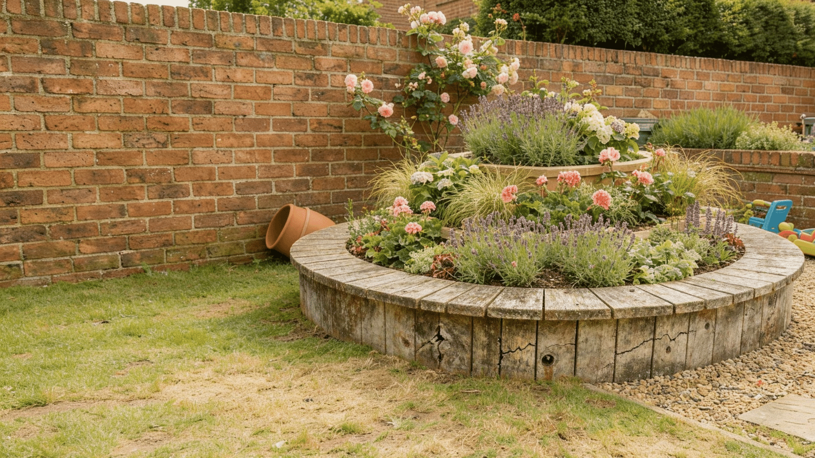 Tiered raised bed flower garden ideas with three stacked wooden frames planted with lavender, salvia, and daisies across each level