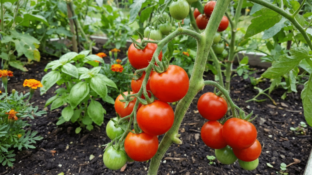 Tomato plants with ripe red fruits growing among companion plants in a home garden.