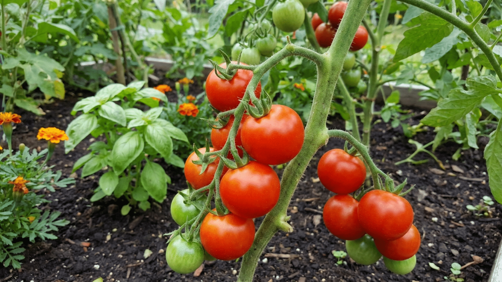 Tomato plants with ripe red fruits growing among companion plants in a home garden.