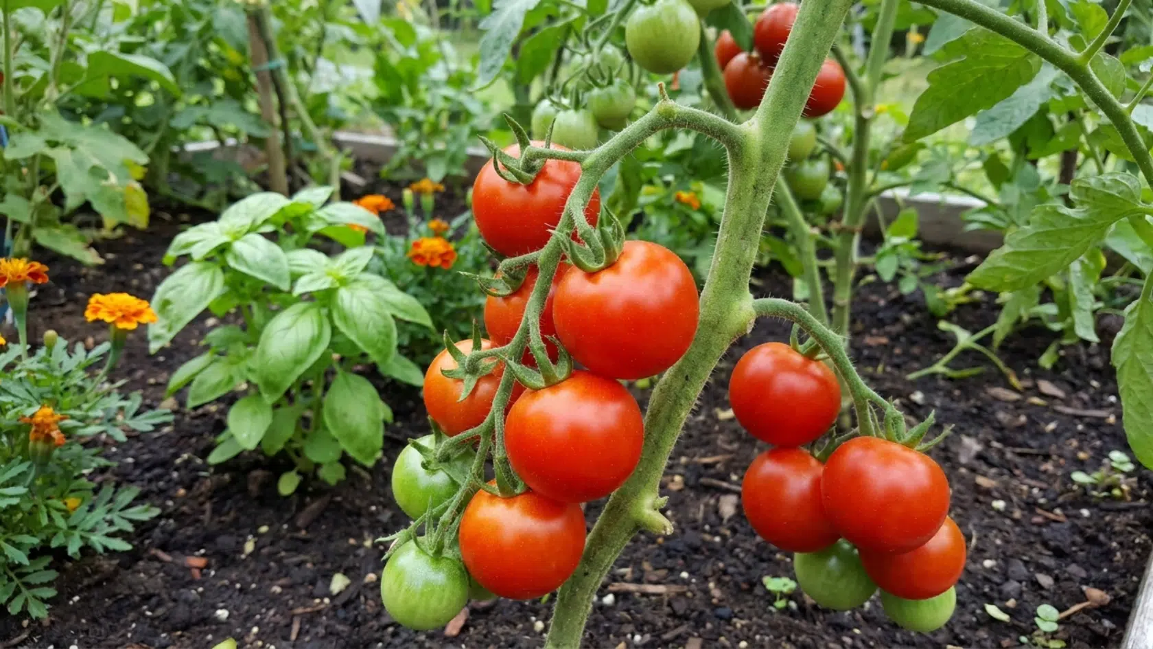 Tomato plants with ripe red fruits growing among companion plants in a home garden.