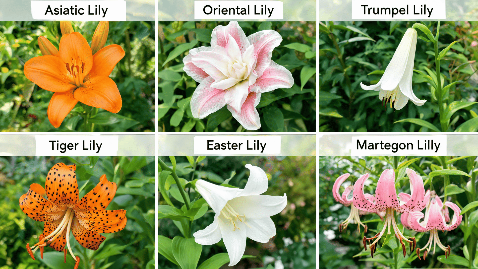 Collage showing six types of lilies including Asiatic, Oriental, Trumpet, Tiger, Easter, and Martagon lilies.