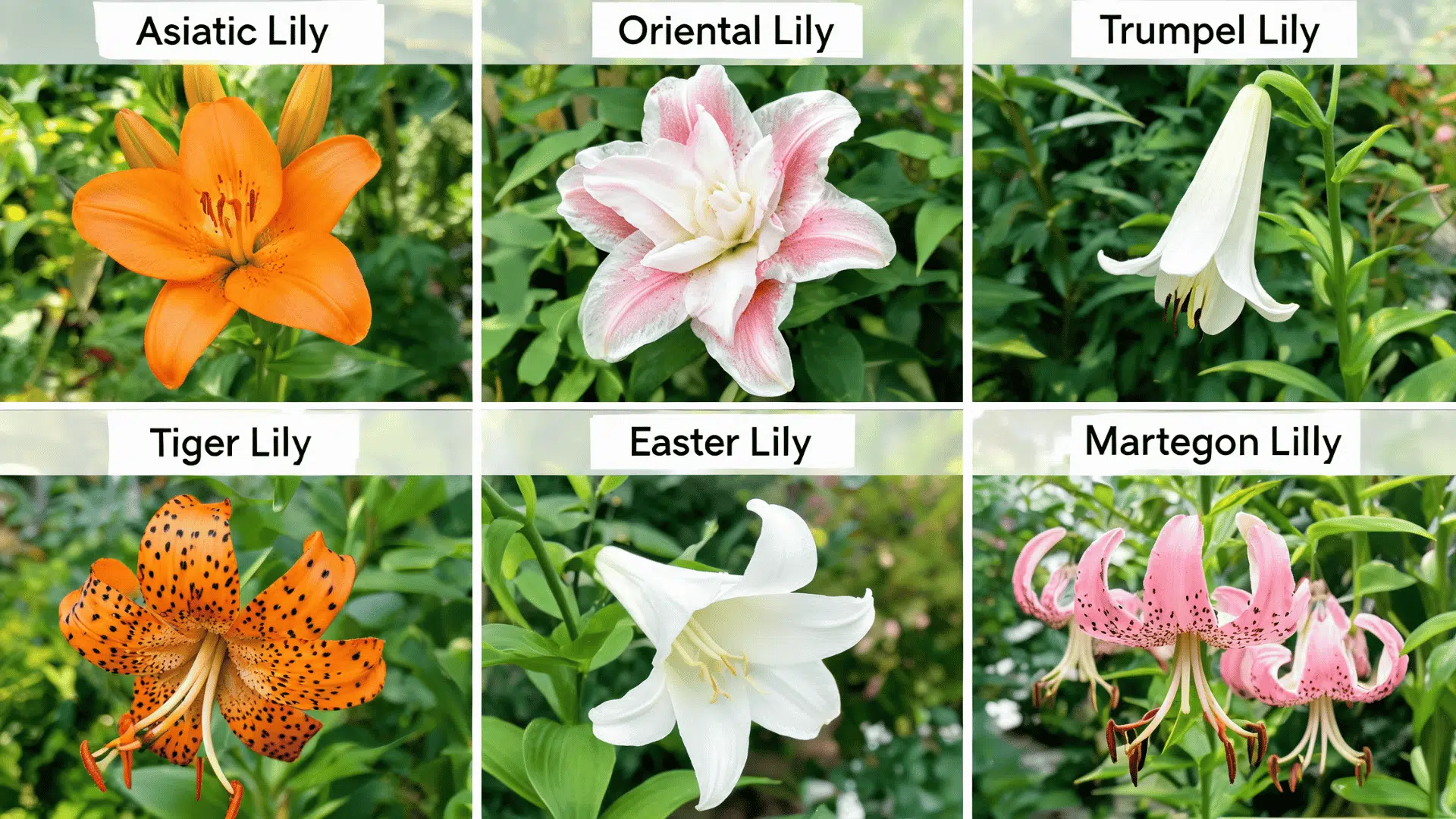 Collage showing six types of lilies including Asiatic, Oriental, Trumpet, Tiger, Easter, and Martagon lilies.