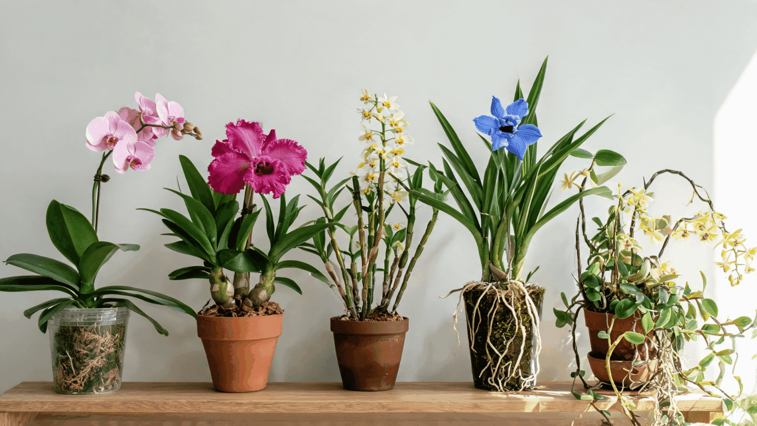 Potted orchids with different flowers, leaves, and root structures arranged on a wooden shelf.