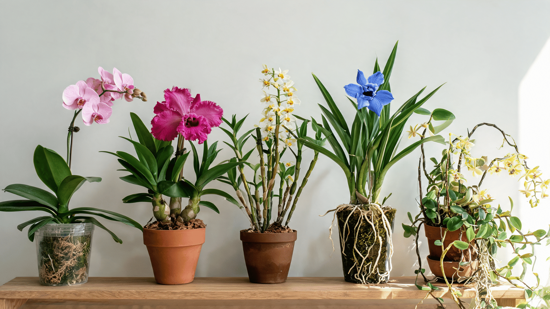 Potted orchids with different flowers, leaves, and root structures arranged on a wooden shelf.