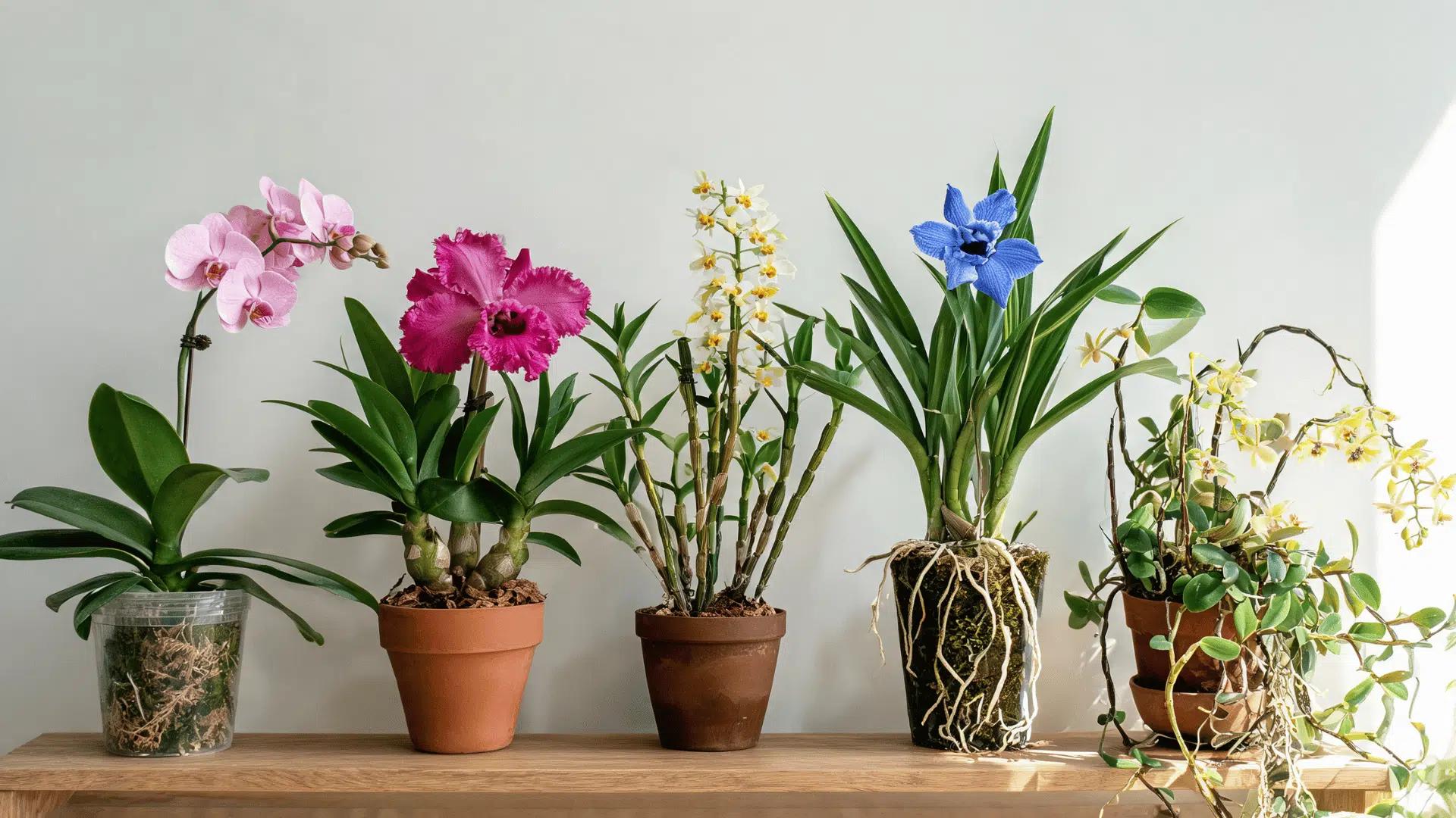 Potted orchids with different flowers, leaves, and root structures arranged on a wooden shelf.