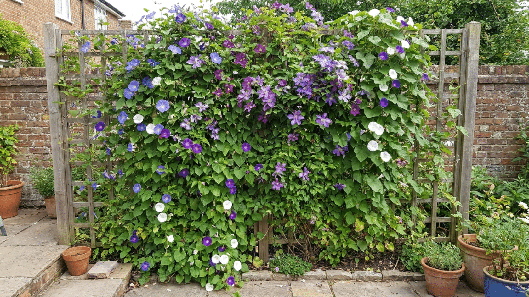 Flower garden ideas for small spaces showing a tall trellis covered in clematis climbing flowers against a residential garden wall on a narrow patio.