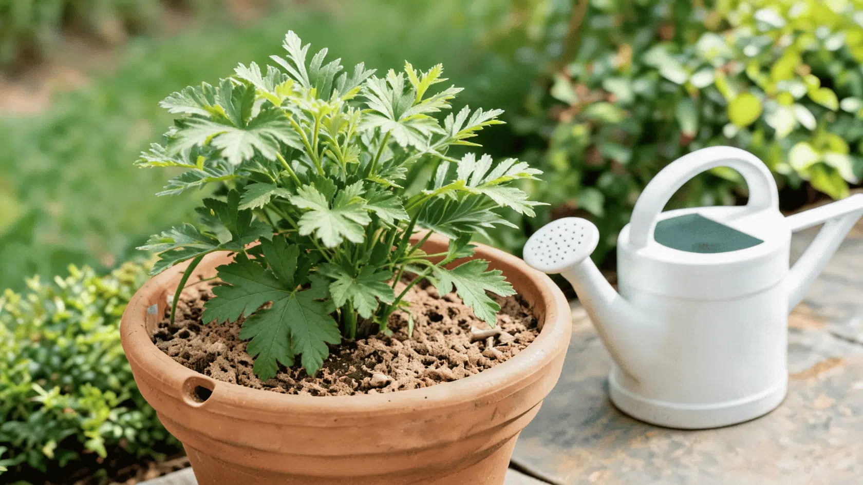 A green citronella plant in a terracotta pot sits next to a white watering can in a garden.