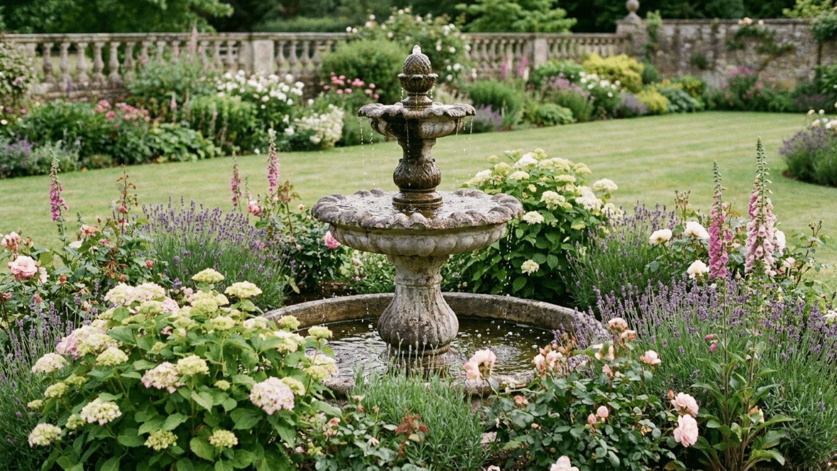 Garden decorating ideas showing a stone birdbath at the center of a residential flower bed surrounded by flowering plants on all sides.