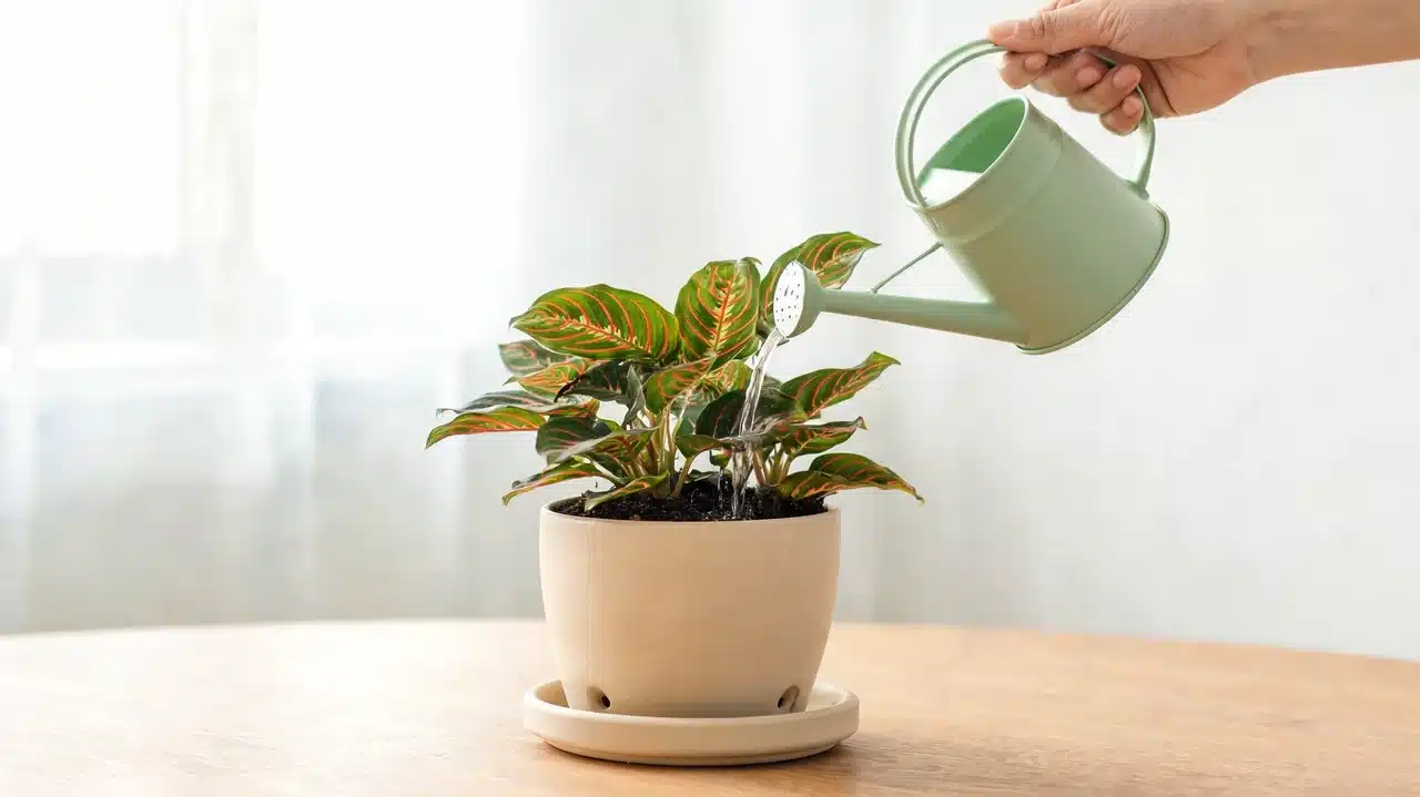 watering prayer plant with small watering can indoors