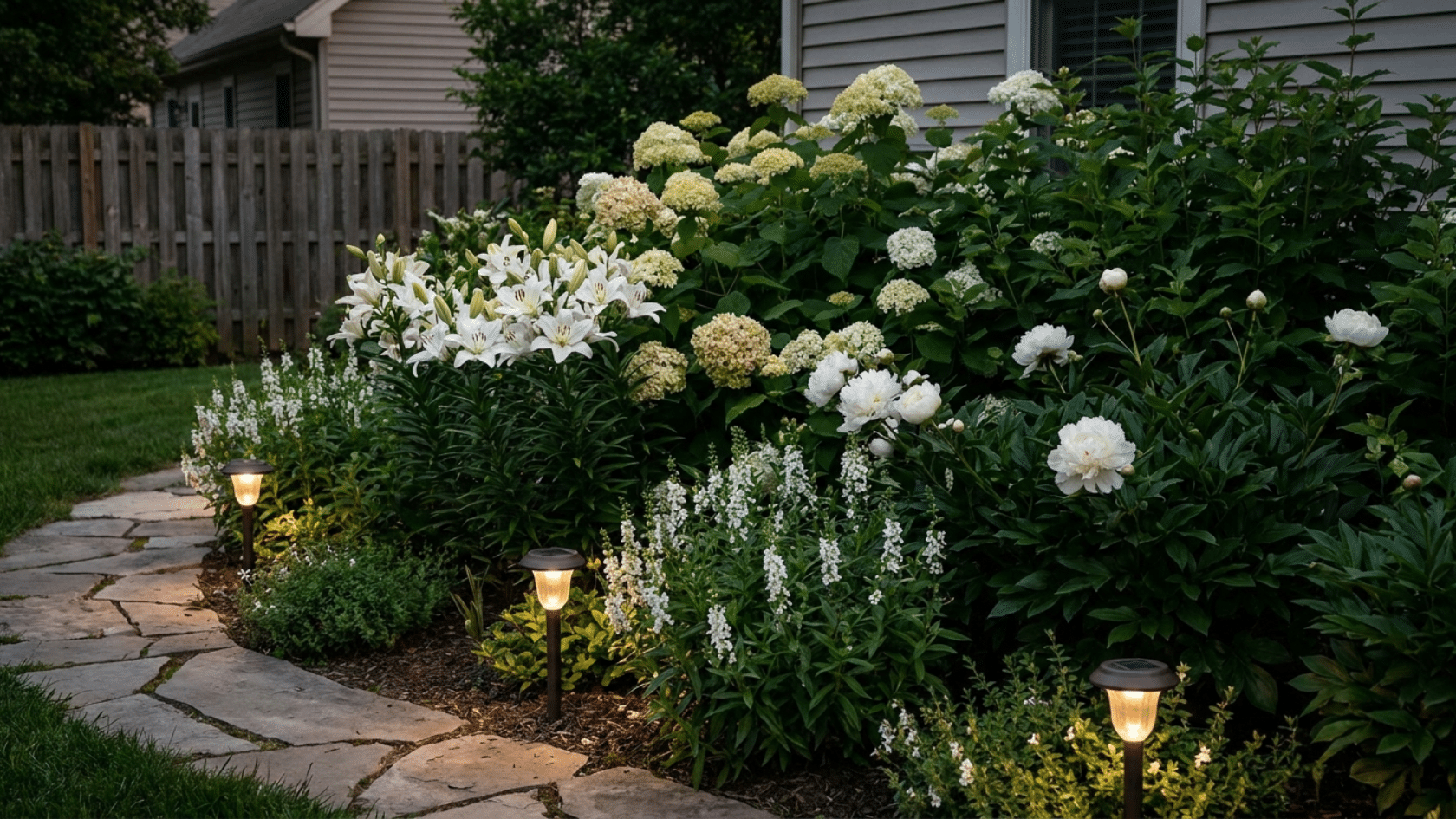 Flower garden ideas showing a moon garden with white lilies, hydrangeas, and peonies glowing against dark green foliage with soft path lights at dusk.