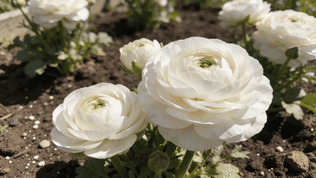 White ranunculus in sunlight in ground.
