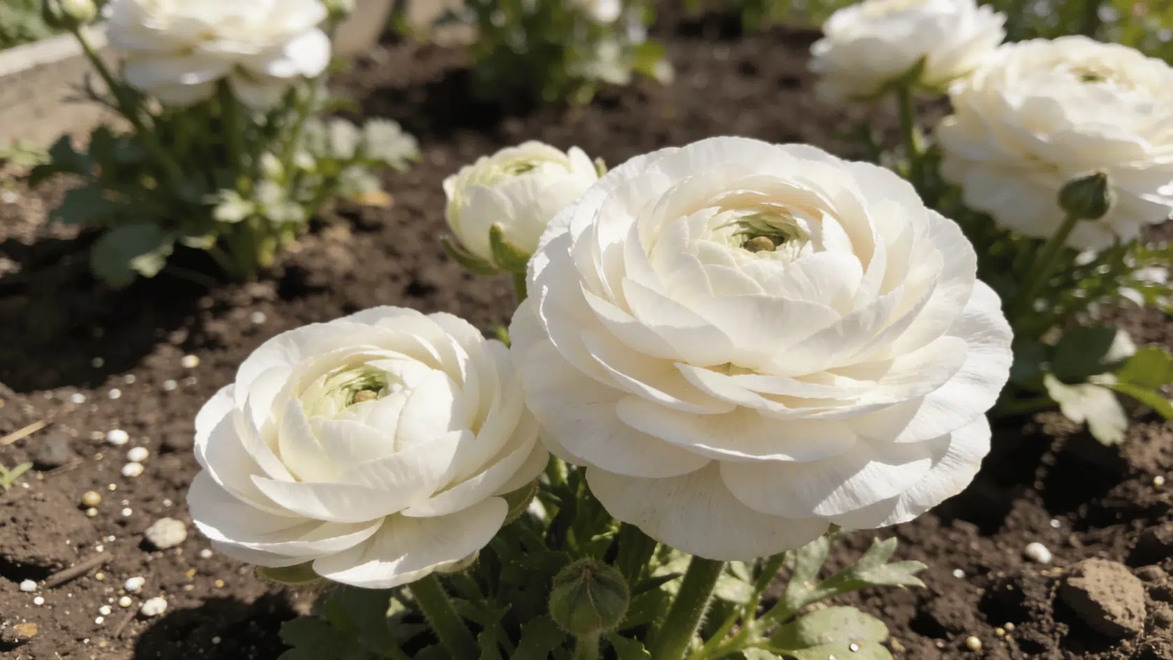 White ranunculus in sunlight in ground.