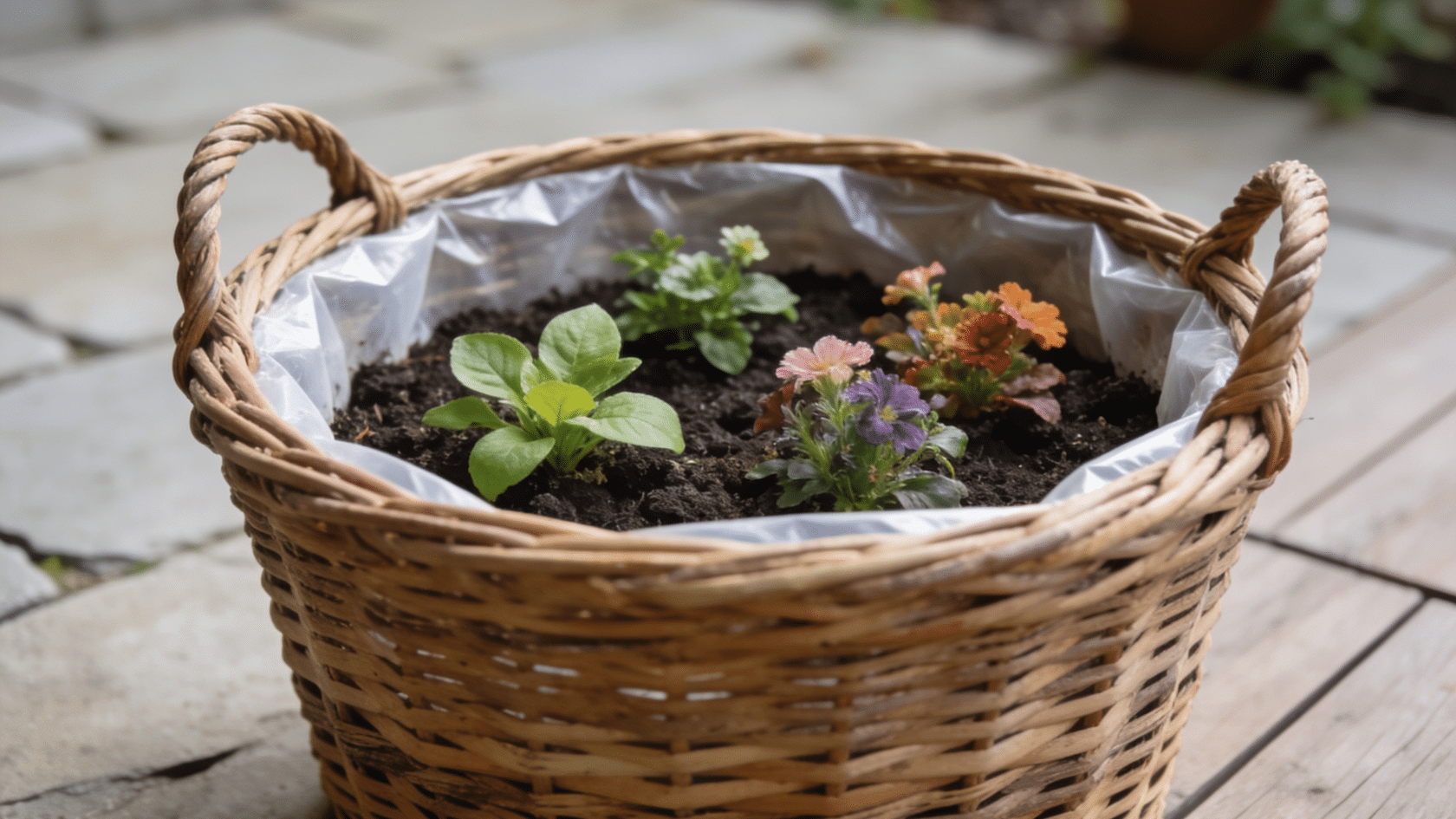 Container gardening in a wicker basket planter lined with plastic, filled with soil and small flowering plants and herbs