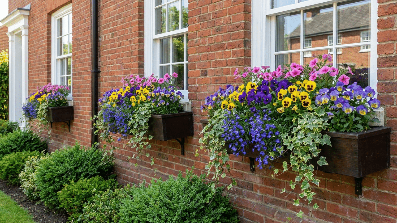 Flower garden ideas for small spaces showing window boxes beneath house windows with upright pansies at the back and trailing lobelia spilling over the front edge.