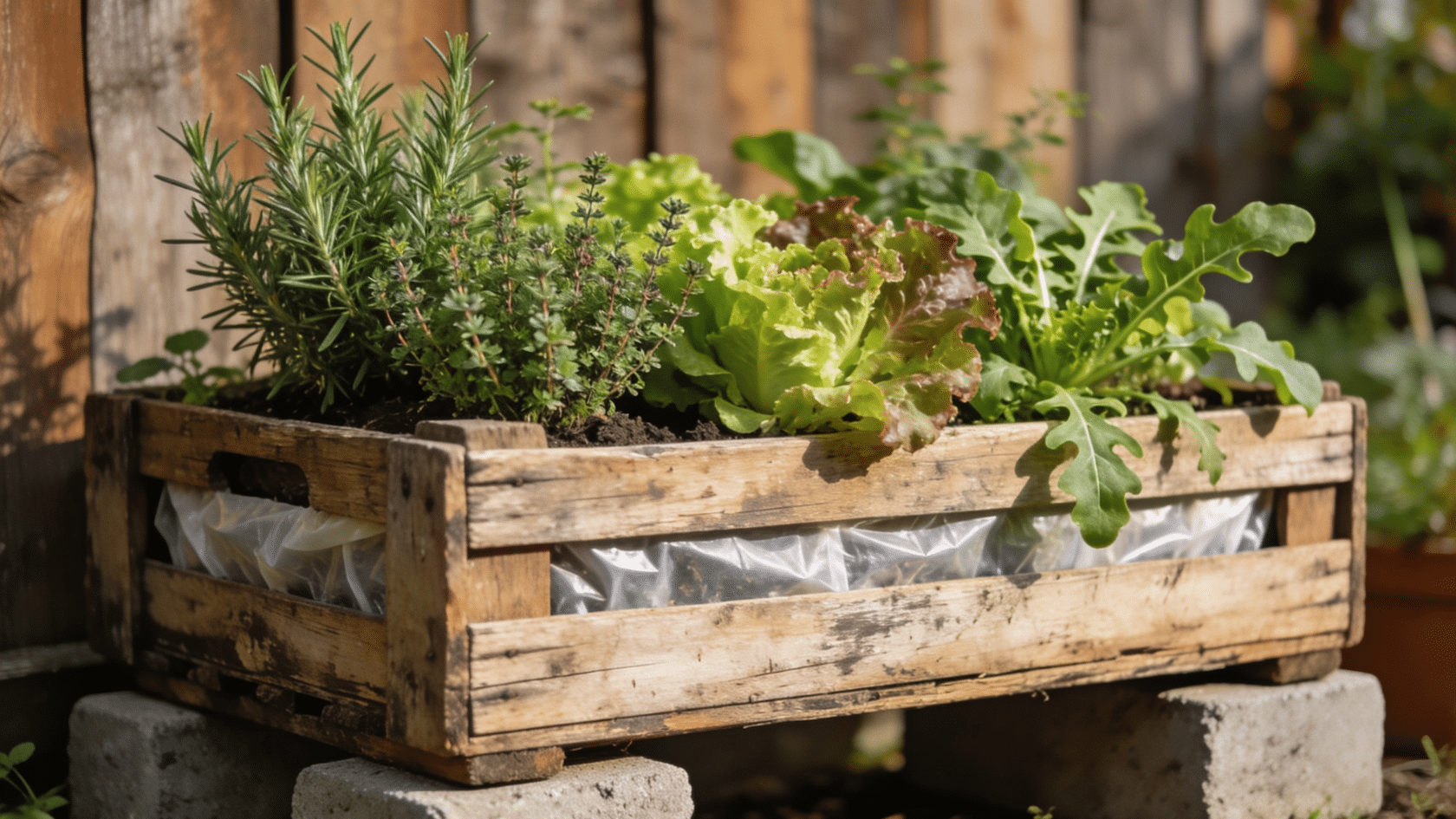 Wooden crate filled with herbs and leafy greens in soil as a container gardening idea.