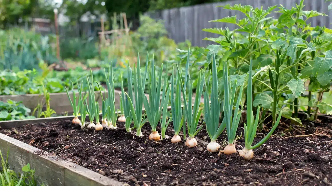 young onions growing in healthy raised garden bed