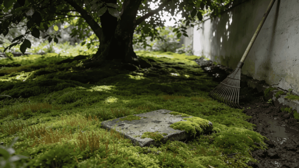 Mossy garden with a stone slab and rake leaning against a wall.