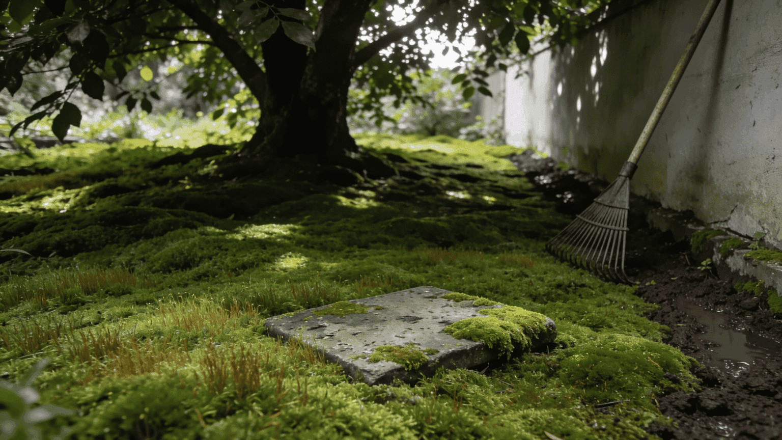 Mossy garden with a stone slab and rake leaning against a wall.