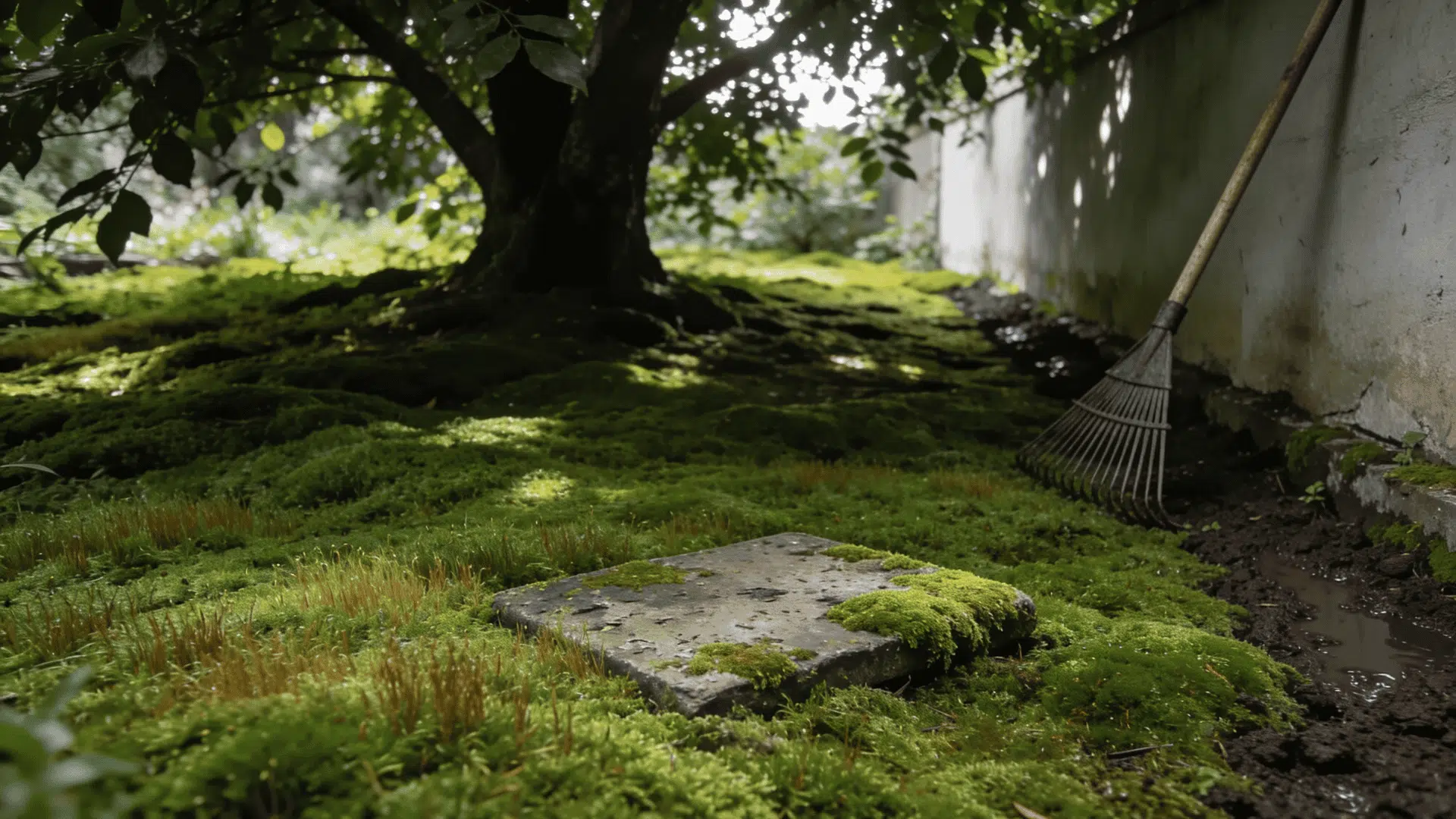 Mossy garden with a stone slab and rake leaning against a wall.
