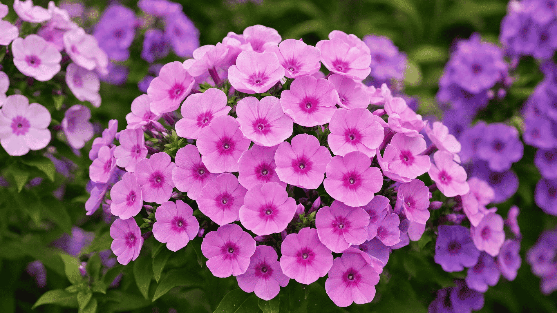 Pink phlox flowers blooming in clusters with green foliage and blurred purple flowers creating a colorful garden background.