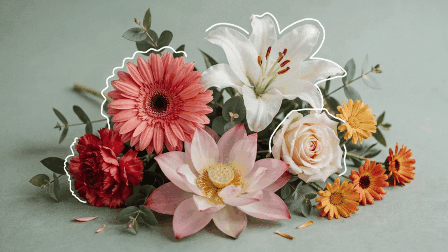 Gerbera daisies, lilies, roses, lotus, carnations, and calendula, highlighting flowers that represent healing.
