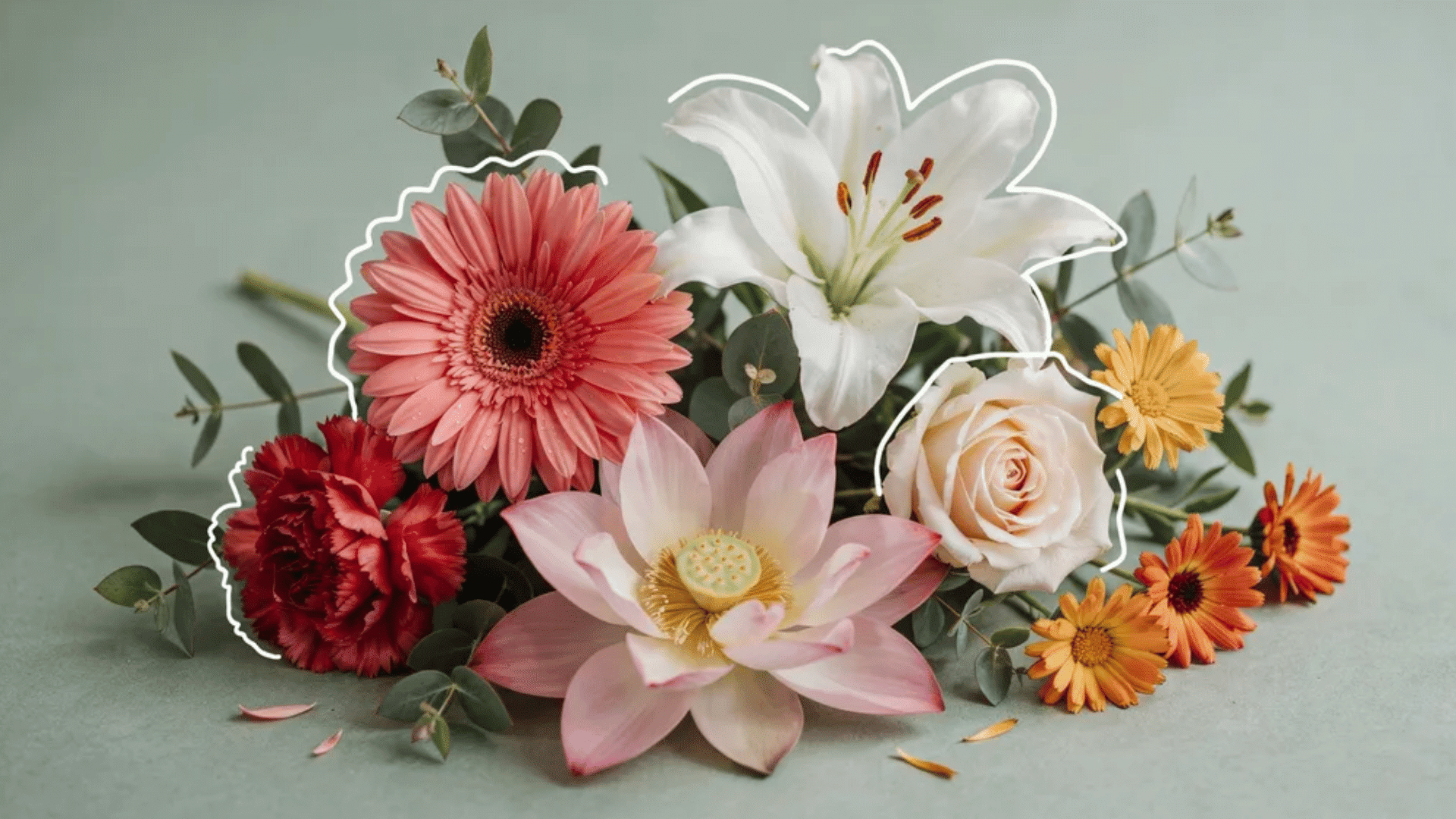 Gerbera daisies, lilies, roses, lotus, carnations, and calendula, highlighting flowers that represent healing.