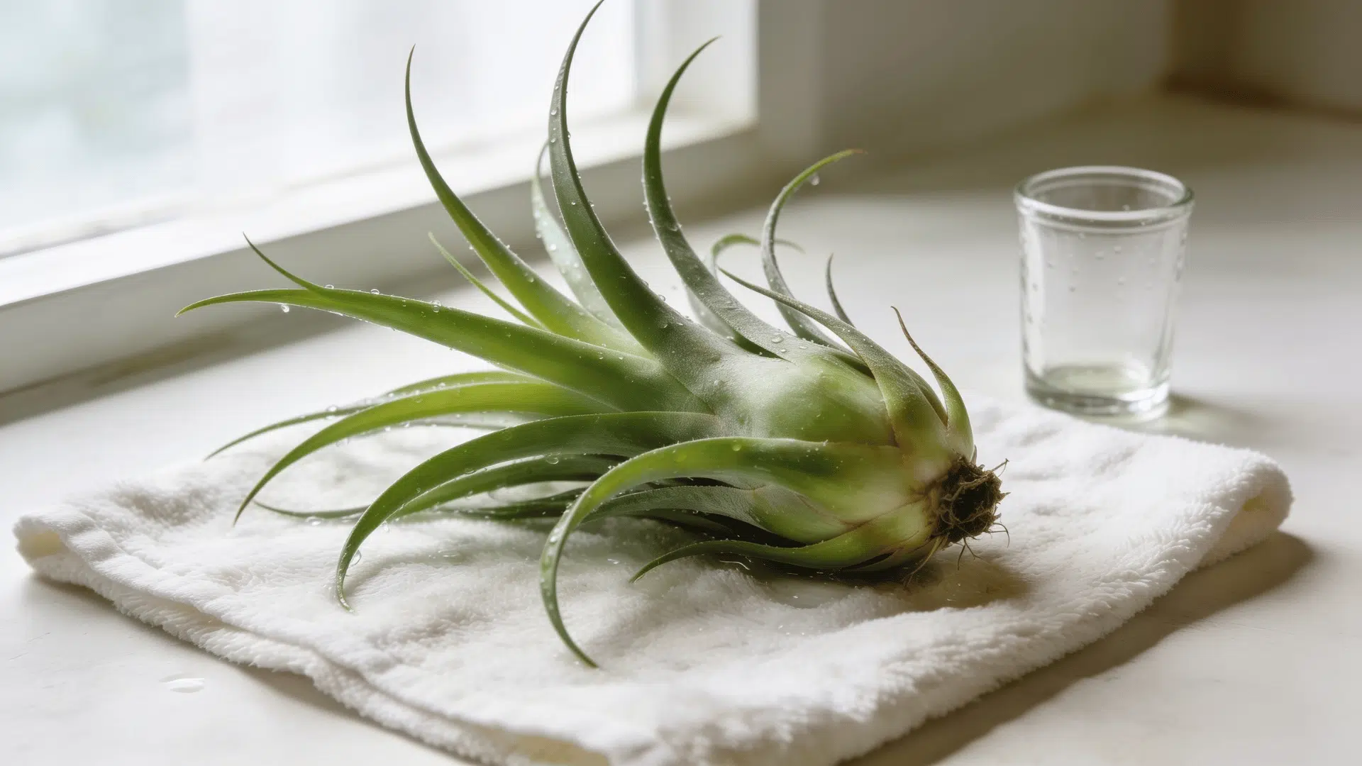 Air plant drying on a towel after watering with droplets on green leaves.