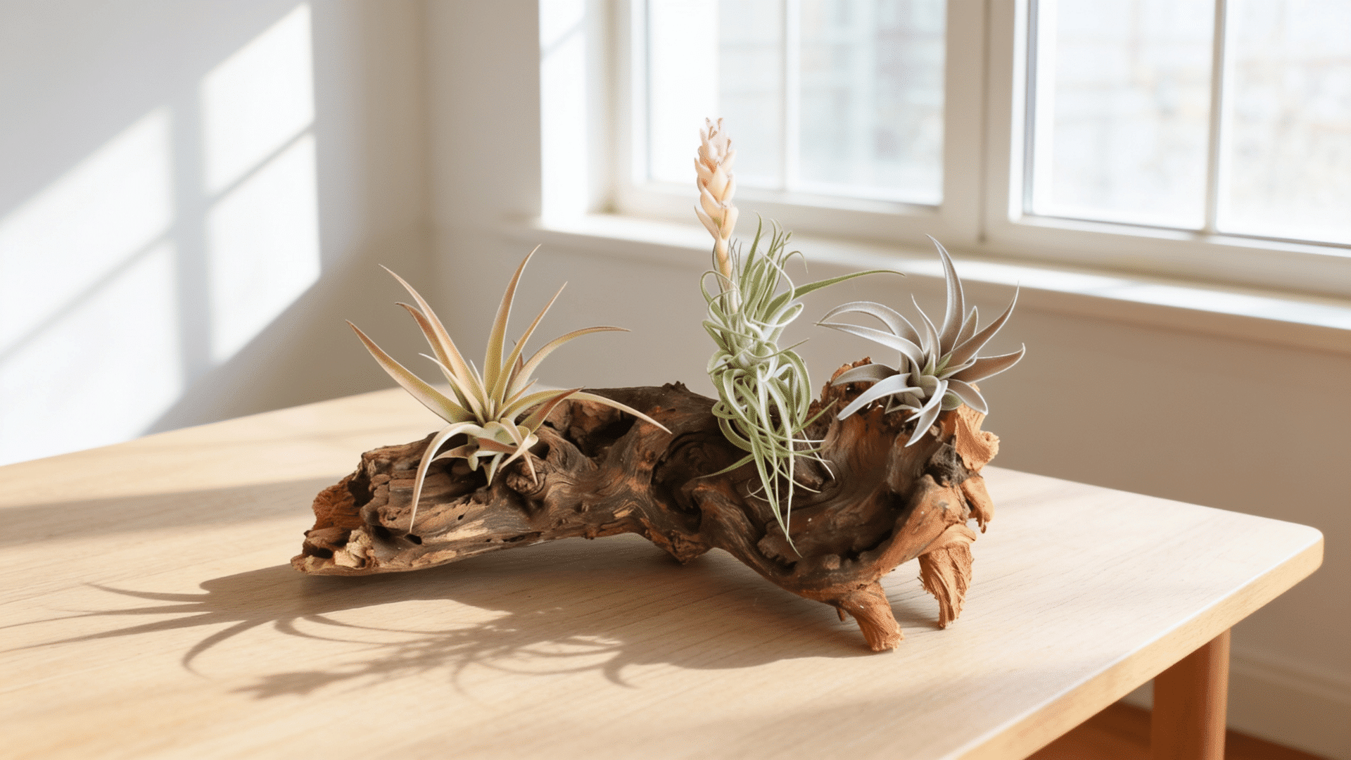 Air plants mounted on driftwood with varied Tillandsia leaves and a small bloom.
