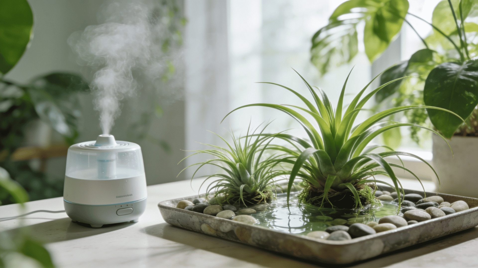 Air plants with humidifier and pebble tray for indoor humidity care.