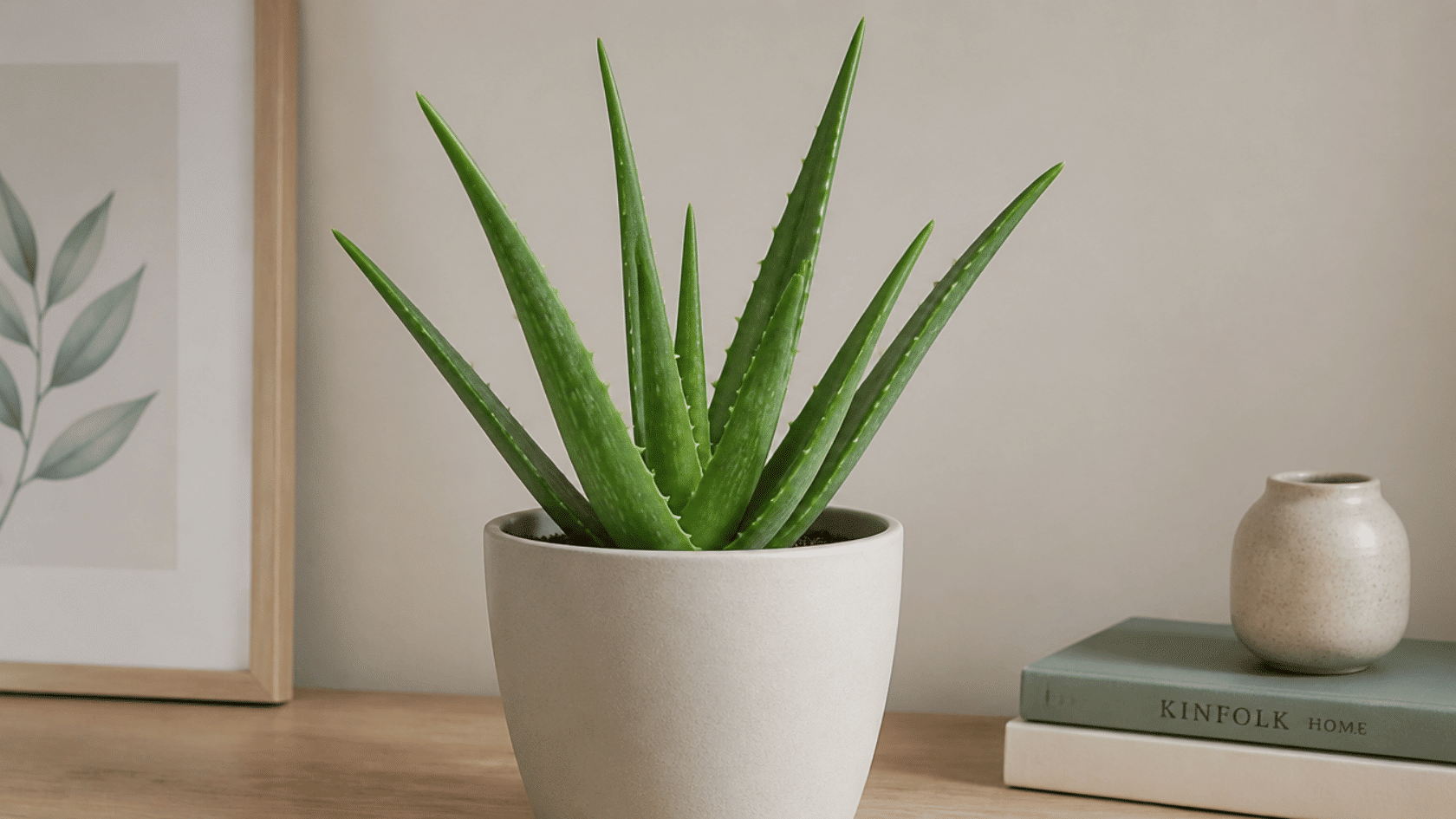 Aloe vera plant in pot with thick green fleshy leaves in soft indoor light