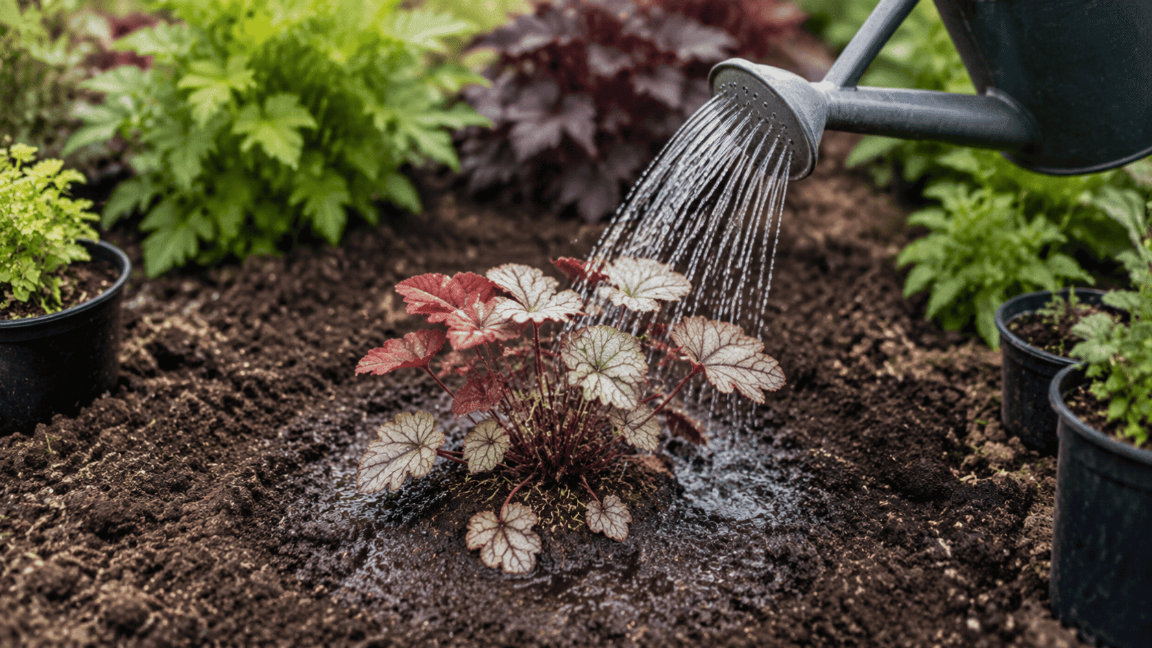 Watering a newly planted red and silver Heuchera plant in dark soil using a grey watering can.