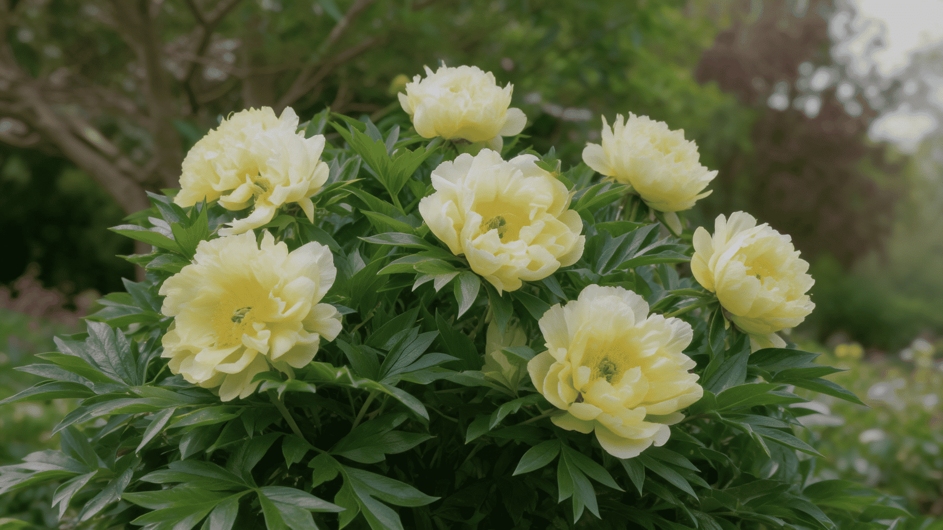Bartzella peonies with bright yellow petals, layered bloom, and natural garden background.