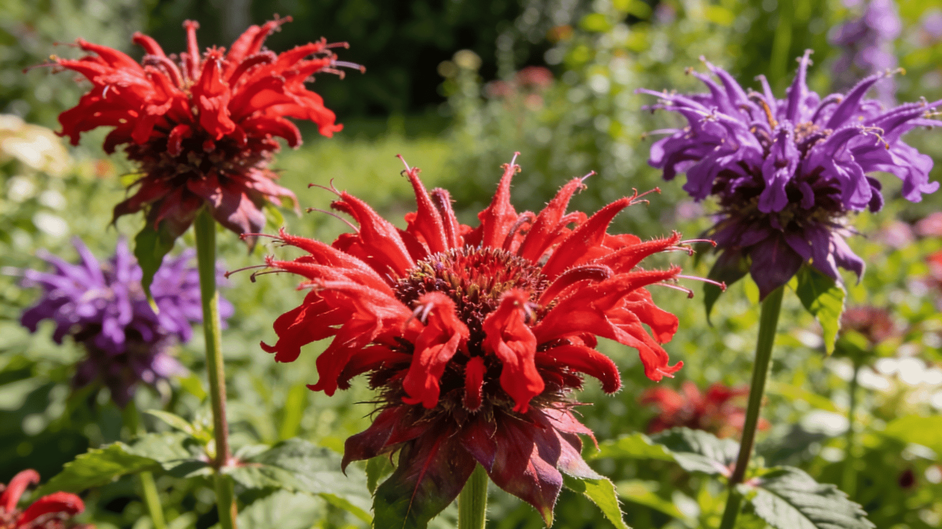 Red and purple bee balm flowers blooming in a lush green garden with colorful petals and foliage