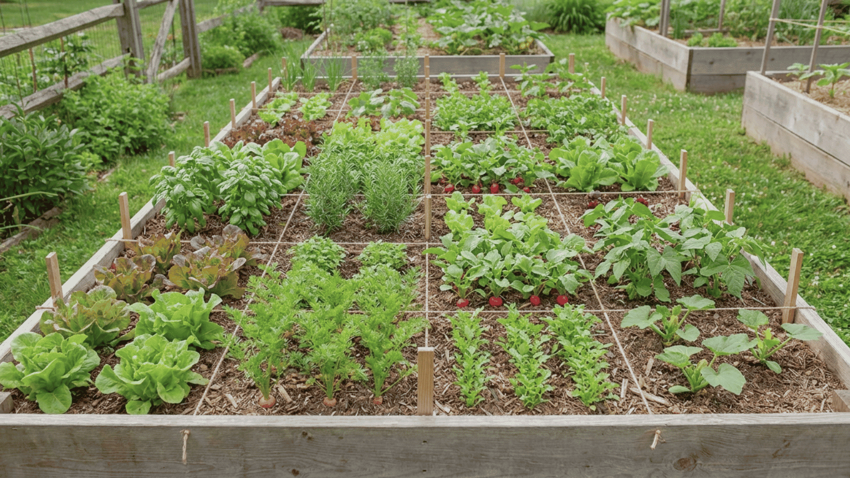 Square foot gardening bed divided by string grid lines with various vegetables and herbs planted in sections.