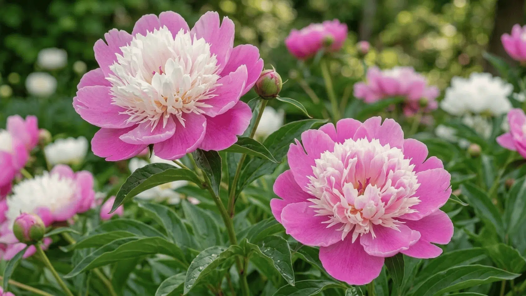 Realistic Bowl of Beauty peony blooms with pink outer petals, creamy center, and green leaves.