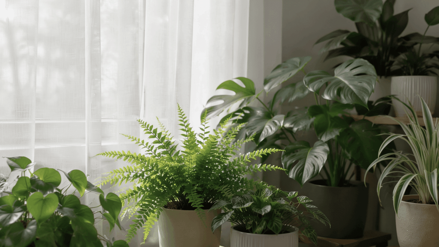 Indoor houseplants near a window with sheer curtains and soft natural daylight